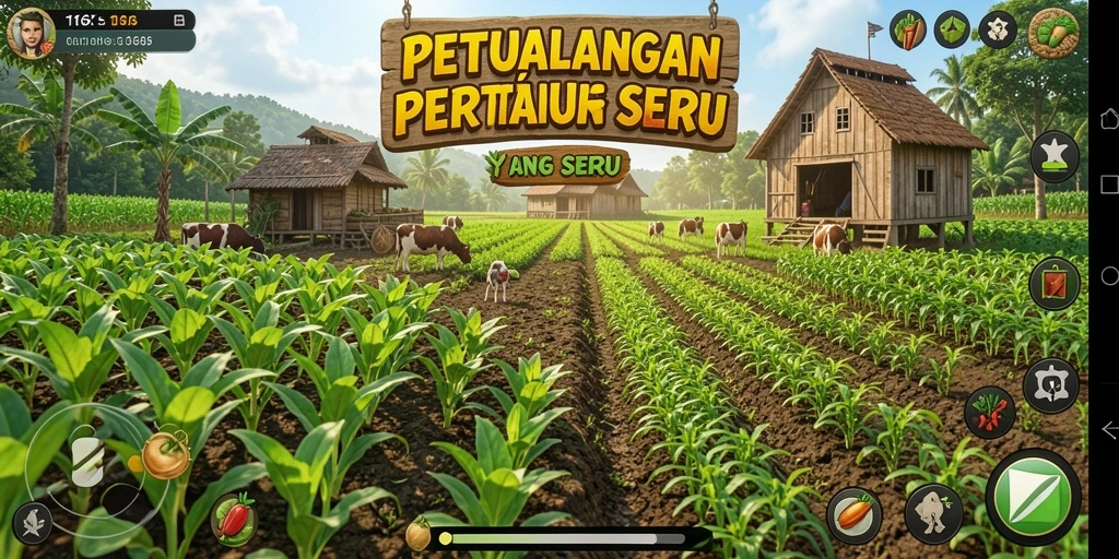 Tangkapan layar gameplay 116X menampilkan ladang yang subur dan hewan ternak.