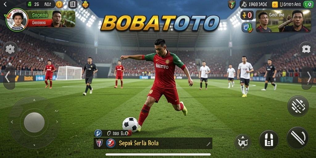 Screenshot utama BOBATOTO menampilkan aksi seru di lapangan sepak bola.
