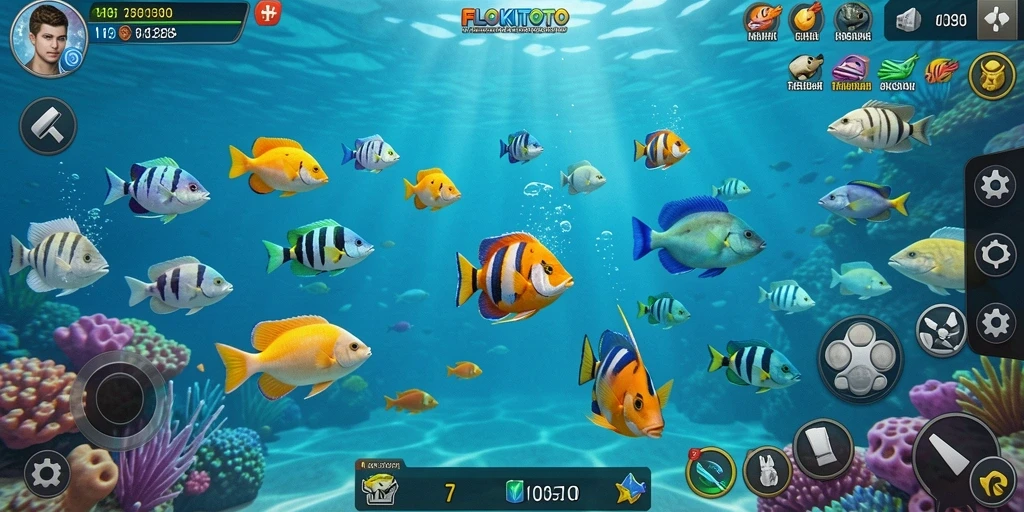Tangkapan layar menunjukkan aksi seru gameplay tembak ikan di FLOKITOTO.