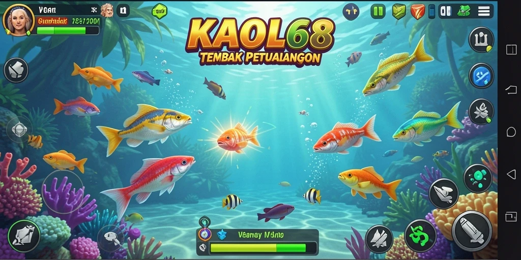 Tampilan gameplay KAOL68 yang menunjukkan aksi menembak ikan dengan beragam senjata.