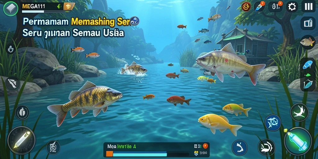 Tampilan gameplay MEGA111 dengan berbagai lokasi memancing yang menakjubkan.