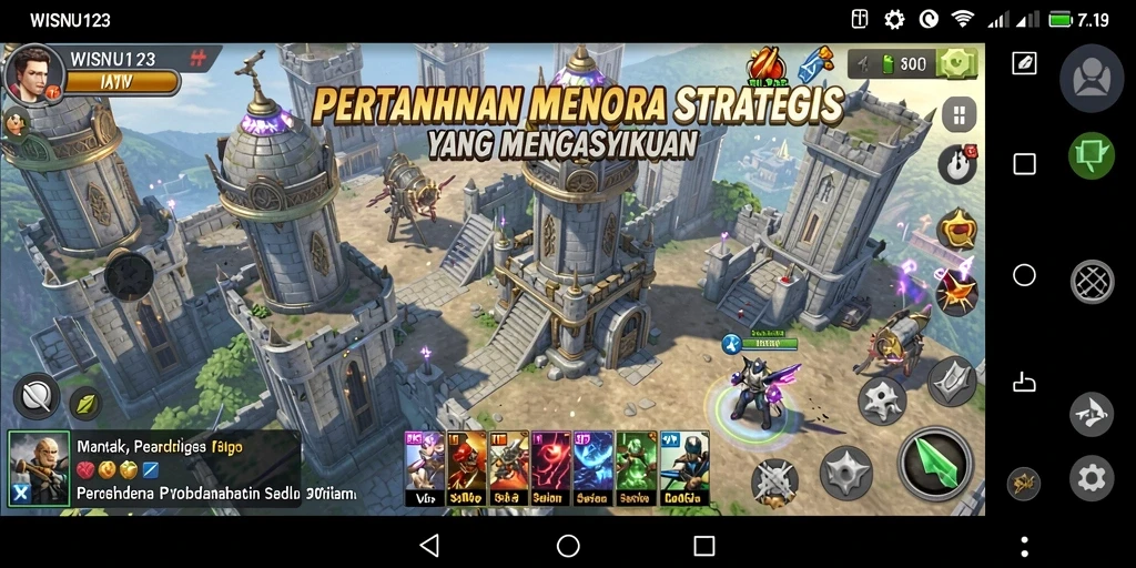 Tampilan menara dan musuh dalam gameplay Tower Defense WISNU123.